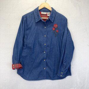 Vintage Cabin Creek Denim Button Up Shirt Petite Large PL Blue Floral Rose Plaid